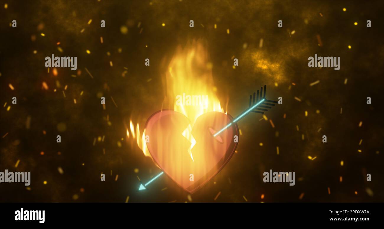 Corazón amoroso ardiente abstracto ardiendo en una llama perforada por una flecha de Cupido en un fondo de chispas. Foto de stock
