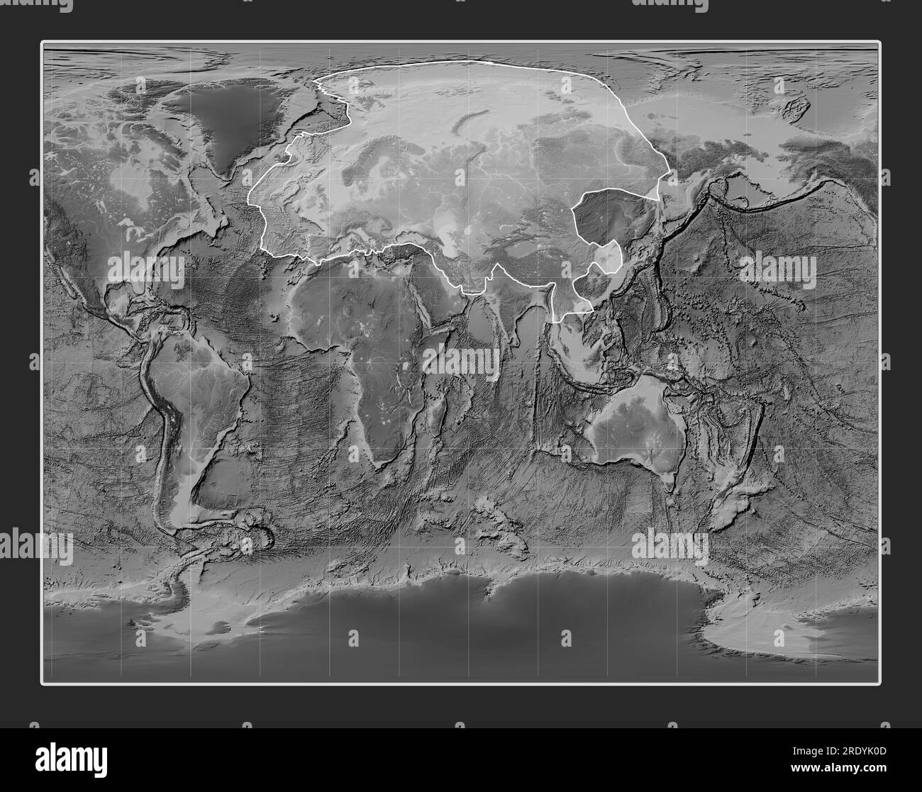 Placa tectónica eurasiática en el mapa de elevación de escala de grises