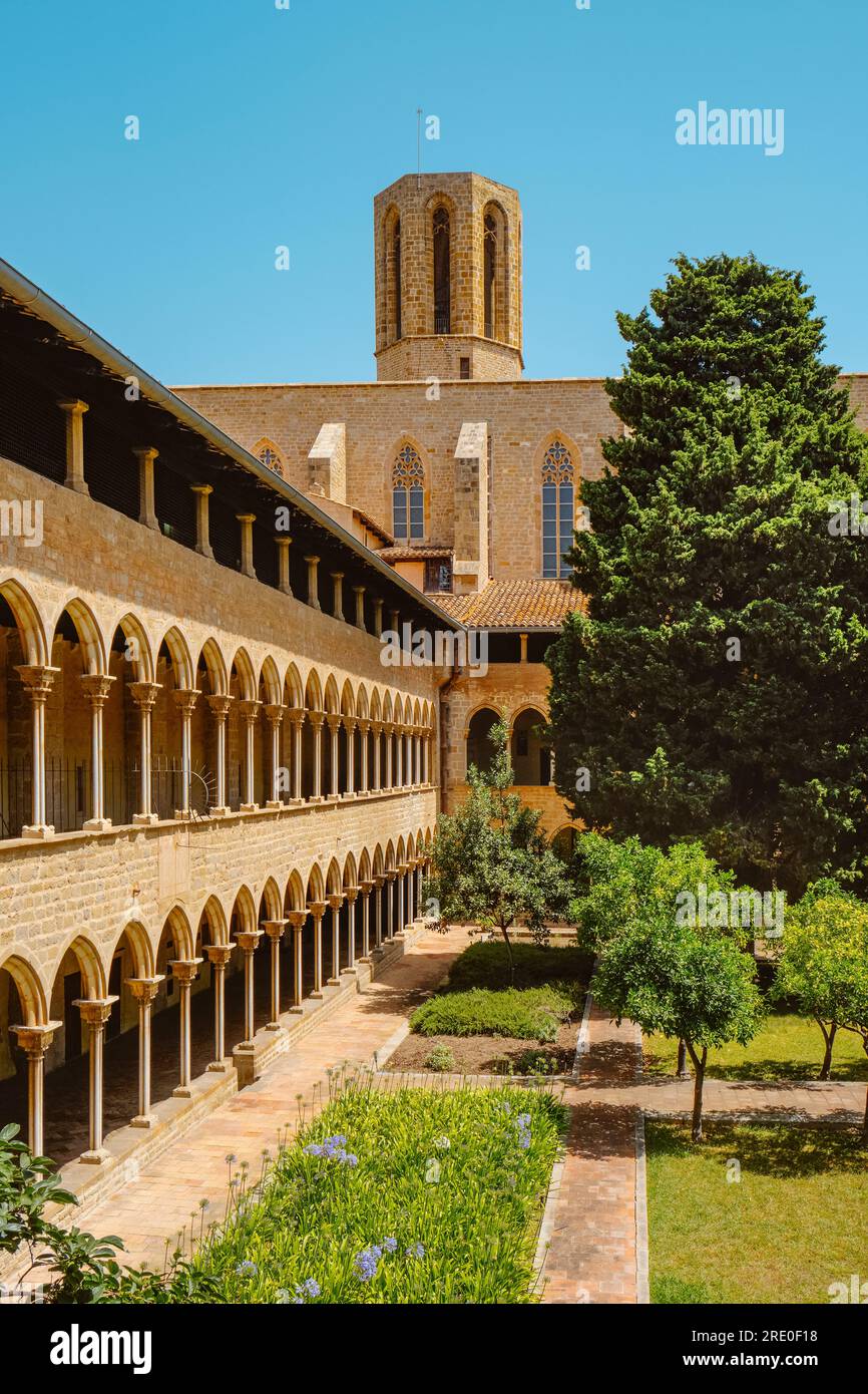 Una vista del claustro del Monasterio de Pedralbes, en Barcelona, Cataluña, España, en un día de verano Foto de stock