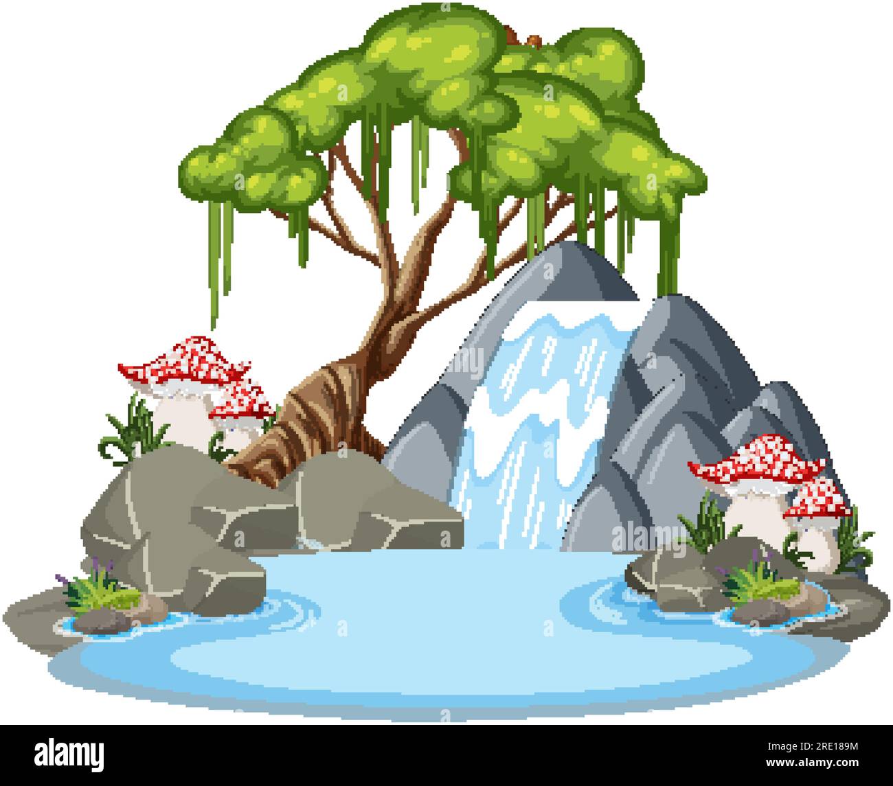 Cascada con árbol en ilustración de estilo de dibujos animados Ilustración del Vector
