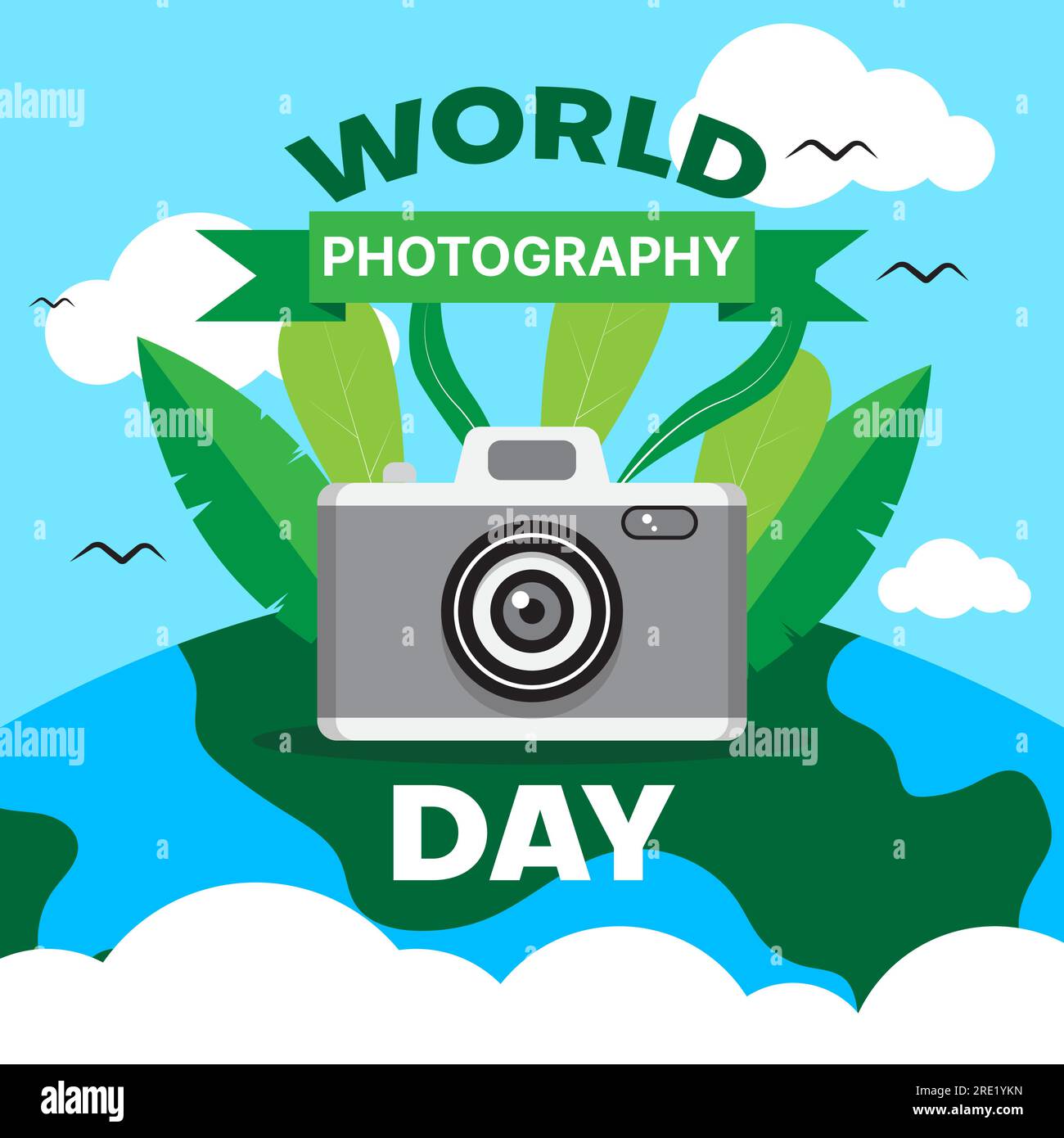 fondo del día mundial de la fotografía con cámara y naturaleza. ilustración vectorial Ilustración del Vector