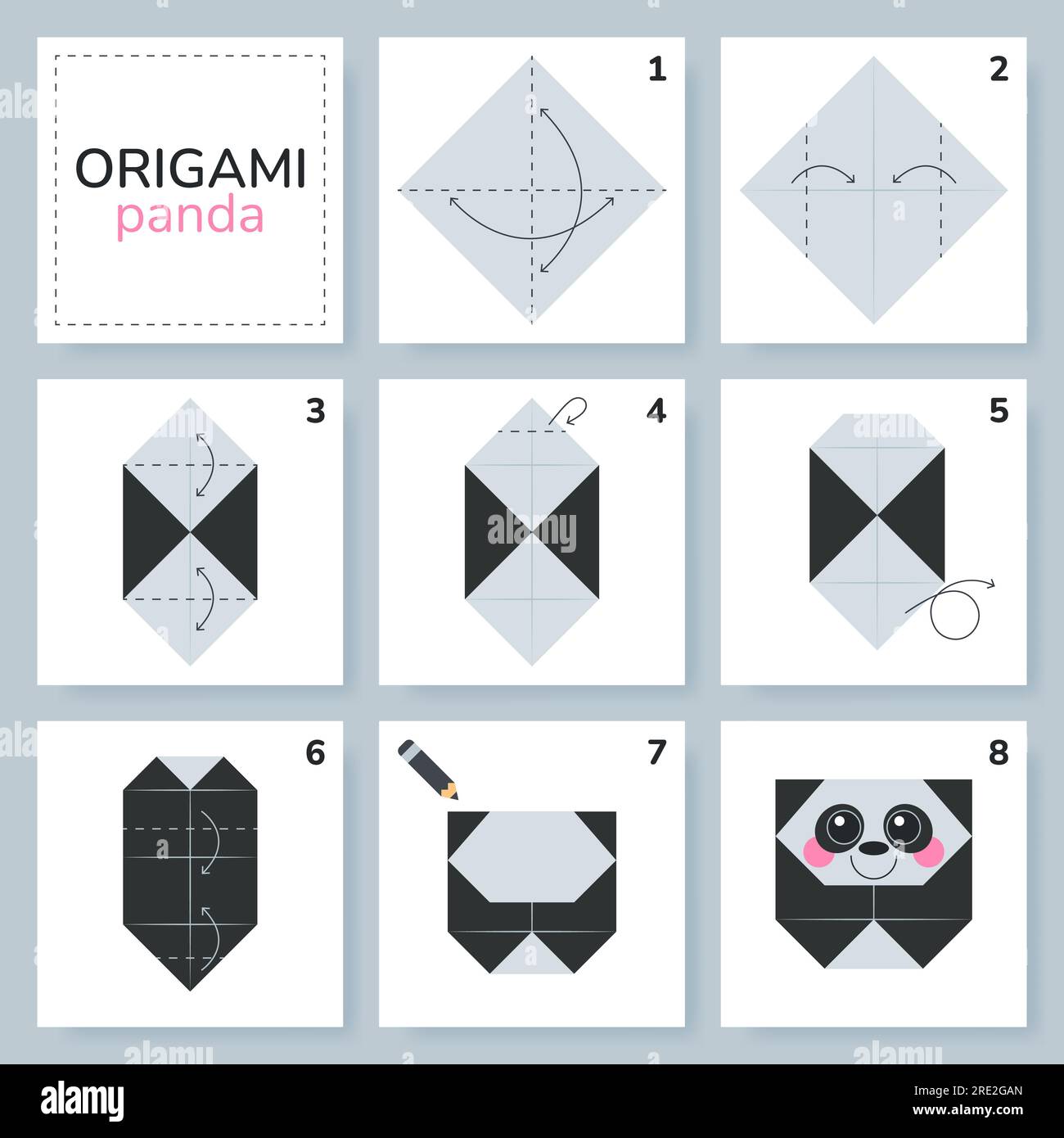 Tutorial De Origami Para Niños. Lindo Panda De Origami. Ilustraciones svg,  vectoriales, clip art vectorizado libre de derechos. Image 195013785