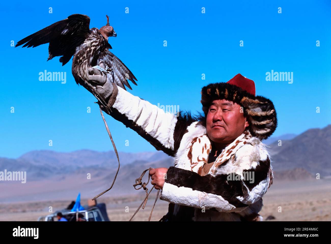 Montaña Altai, cazador de águilas kazajas con halcón, Festival del Águila Dorada, Bayan Ölgii, Montañas Altai, Mongolia Foto de stock