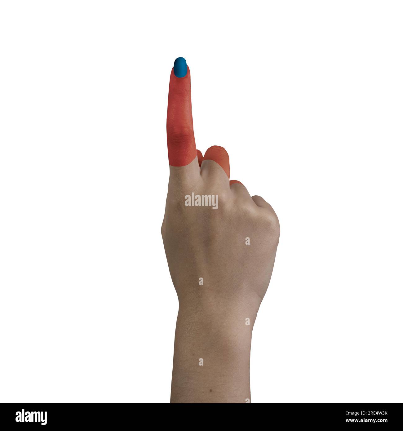 el gesto del número uno con los dedos de color de una mano femenina sobre un fondo aislado Foto de stock