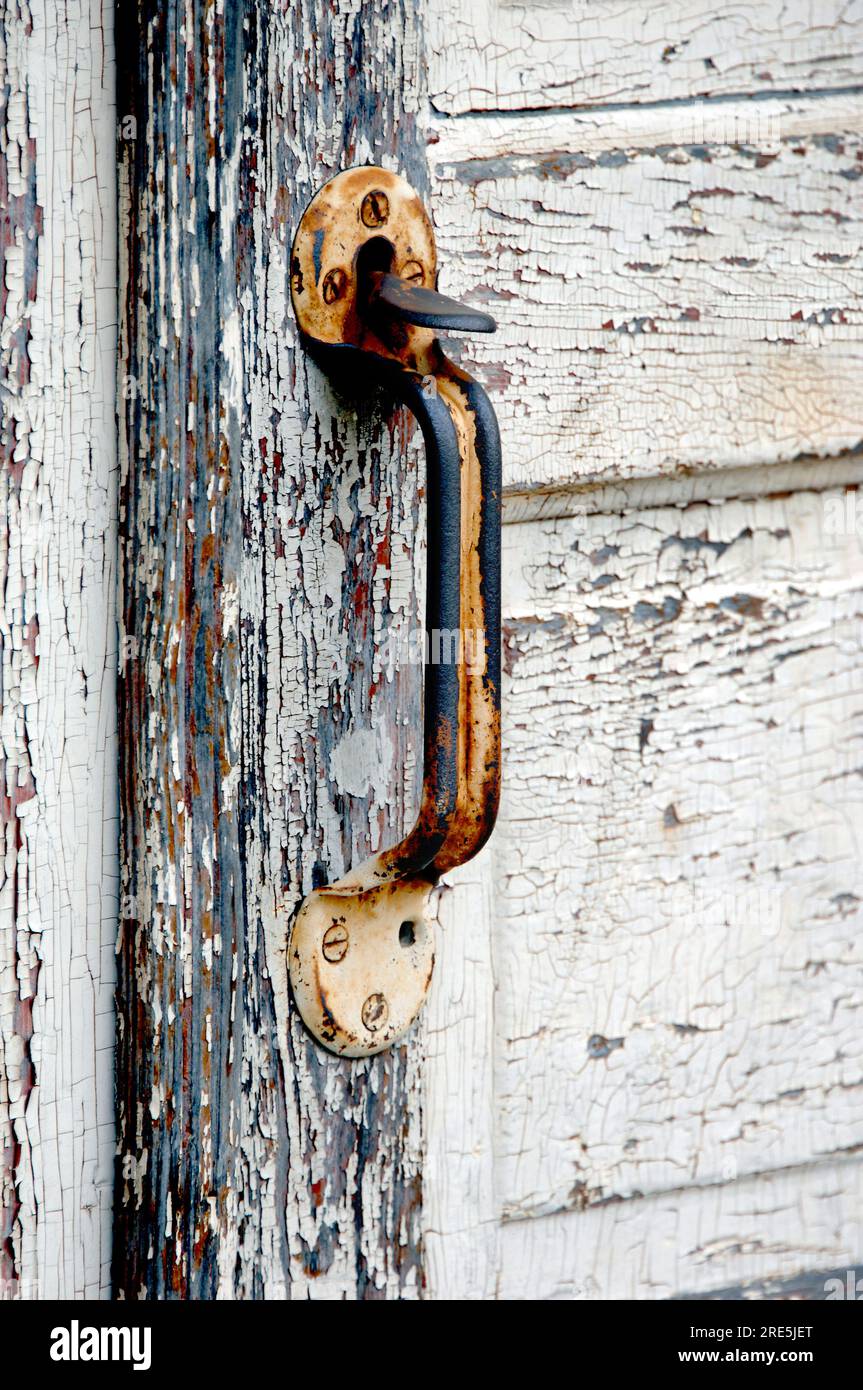 Rústico, y oxidado, la manija de la puerta se aferra a una puerta blanca envejecida. La madera está agrietada y la pintura se descongela. Foto de stock