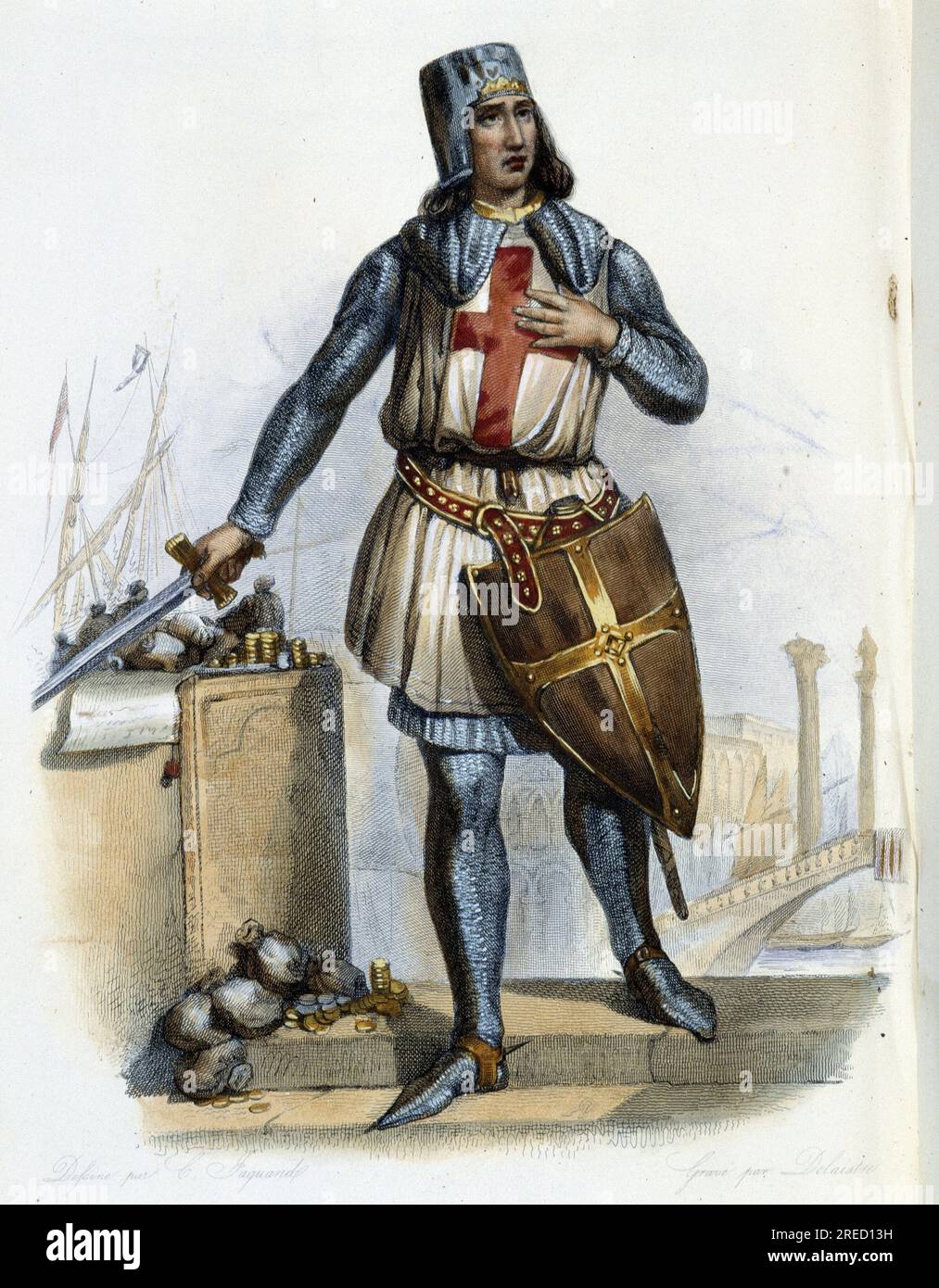 Geoffroi de Villehardouin (1150-1228), chevalier croise historien et du Moyen Age- en "Le Plutarque francais", par Mennechet, París, 1844-47 Foto de stock