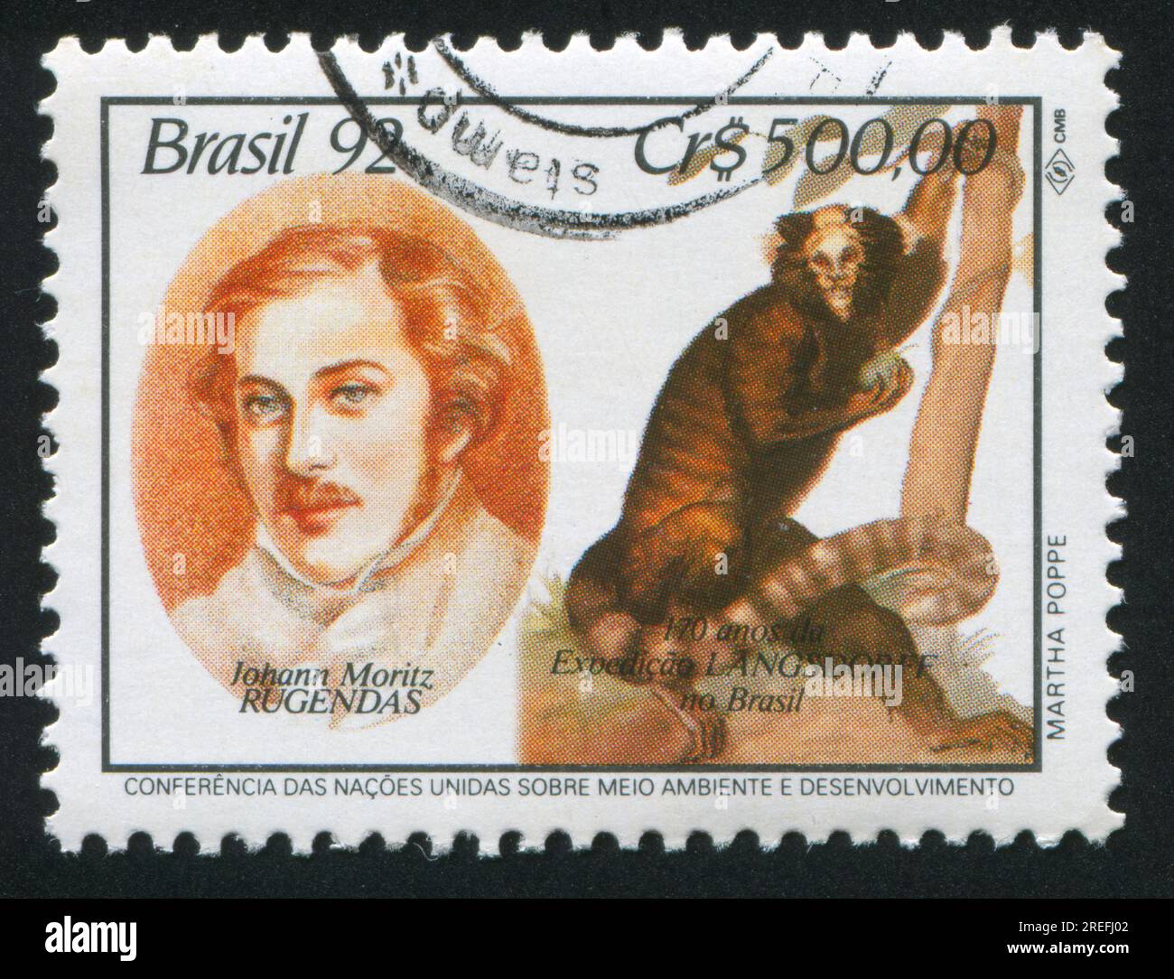 BRASIL - CIRCA 1992: Sello impreso por Brasil, muestra Johann Moritz Rugendas, mono, circa 1992 Foto de stock