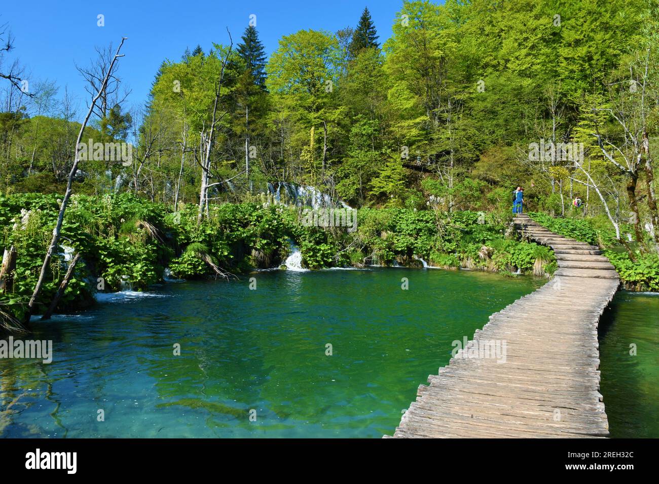 Camino de madera que conduce a través de un lago en el parque nacional de los lagos de Plitvice en el condado de Lika-Senj, Croacia Foto de stock