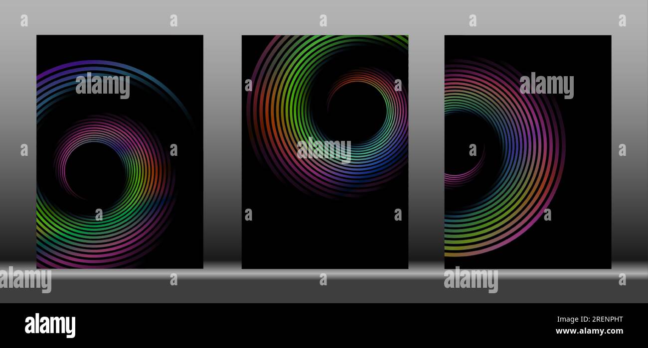 Conjunto de círculos coloridos abstractos patrón de líneas espirales aislado sobre fondo negro. Plantillas de ilustración vectorial con espacio de copia Ilustración del Vector