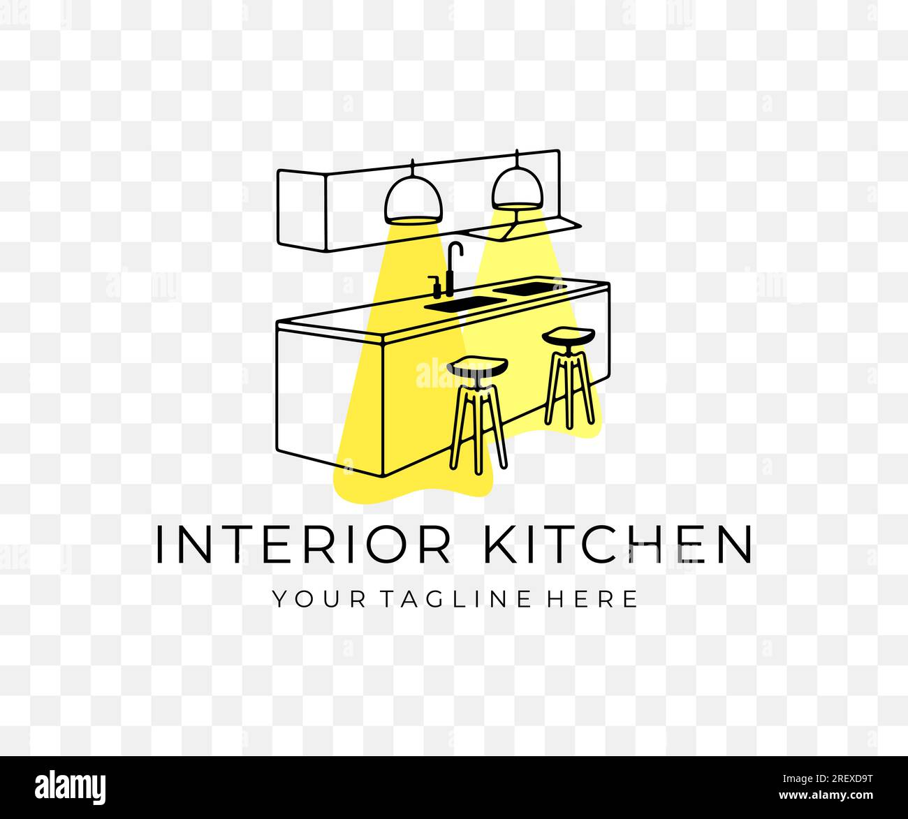Interior de cocina moderna, sala de estar, hogar y casa, diseño gráfico. Exterior, muebles, mesa, isla de cocina, vajilla, lámparas y gabinetes Ilustración del Vector