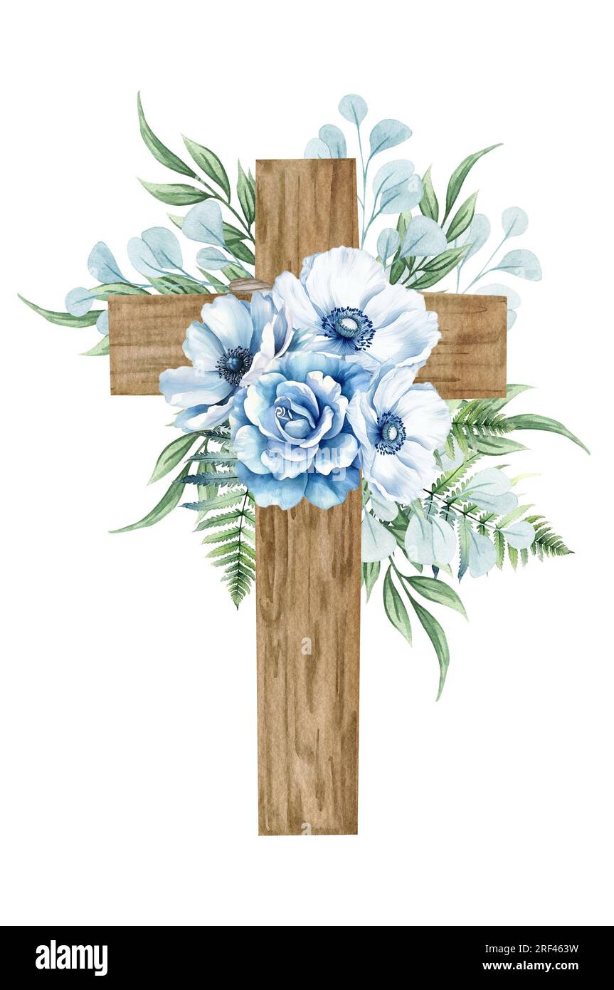 Cruz madera comunión azul empolvado flor metálica