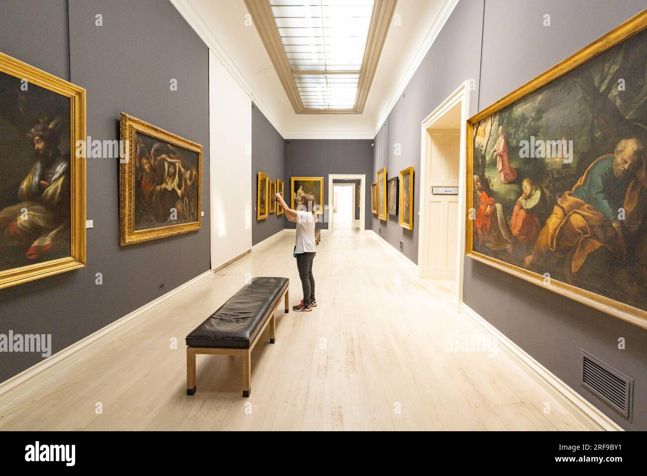 Un visitante tomando una foto de pinturas en una galería de arte; dentro del Museo de Bellas Artes de Rouen - Musee des Beaux Arts, Rouen Francia Europa Foto de stock