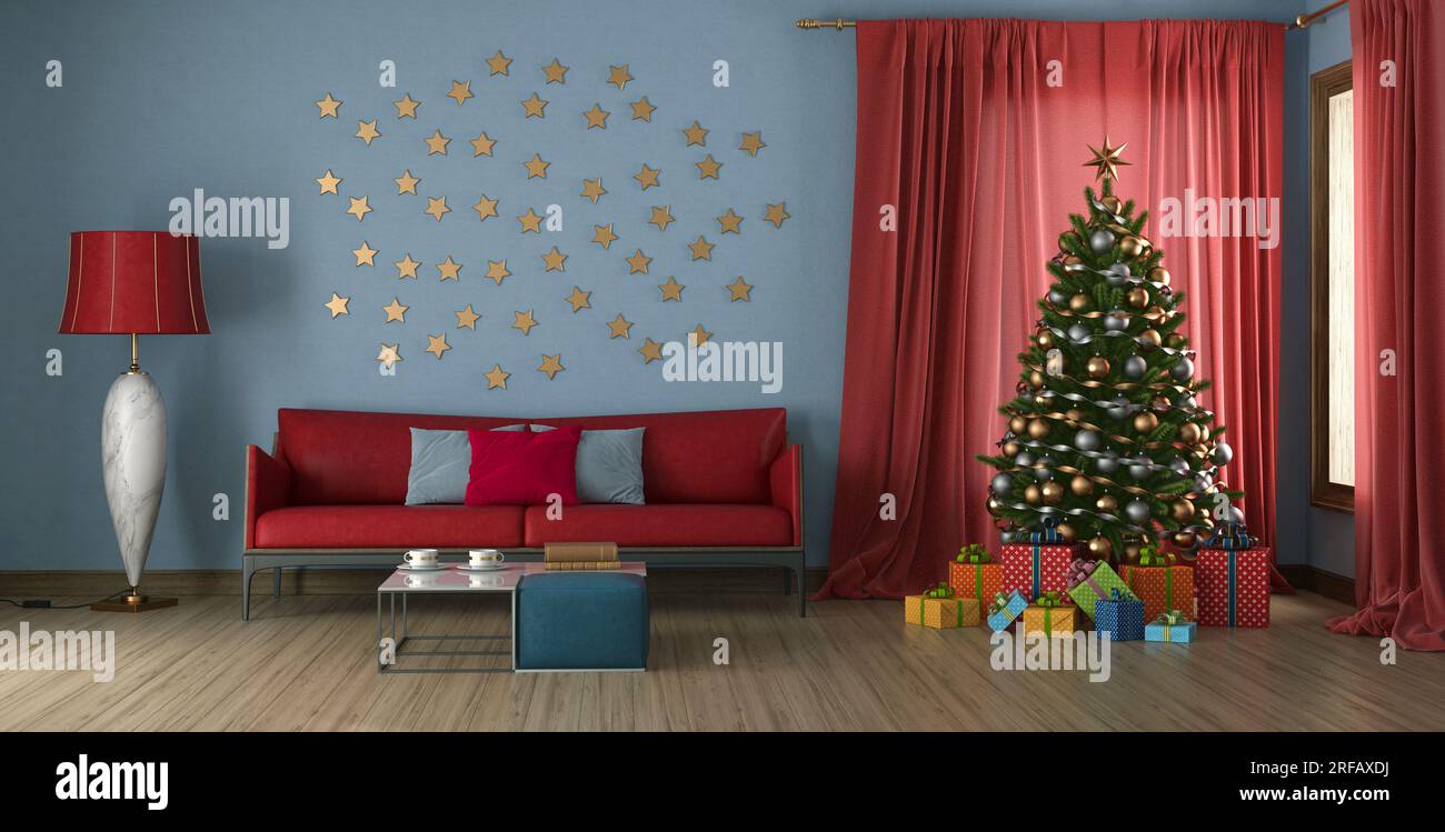 Sala de estar azul con sofá y árbol de Navidad frente a una cortina roja - representación 3D Foto de stock