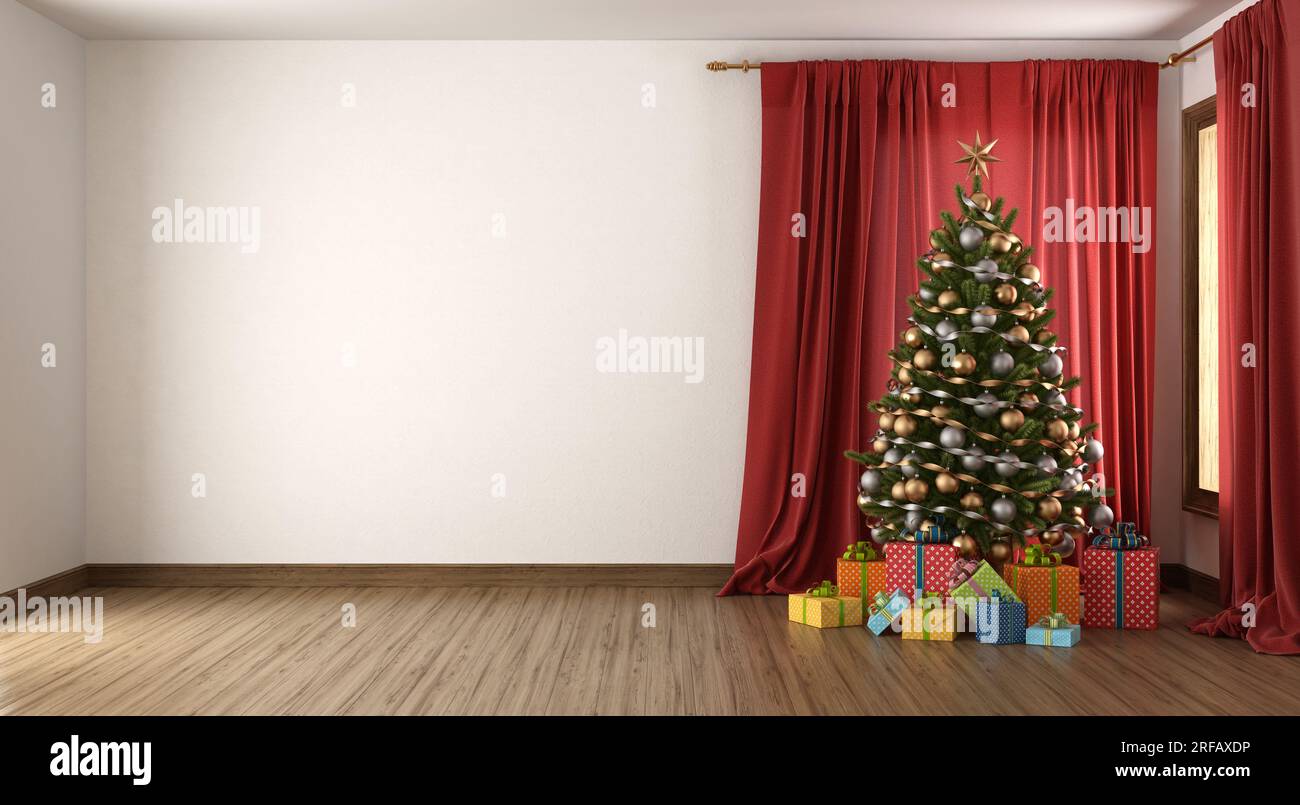 Sala de estar blanca con árbol de Navidad, caja de regalo y cortina roja - representación 3D Foto de stock