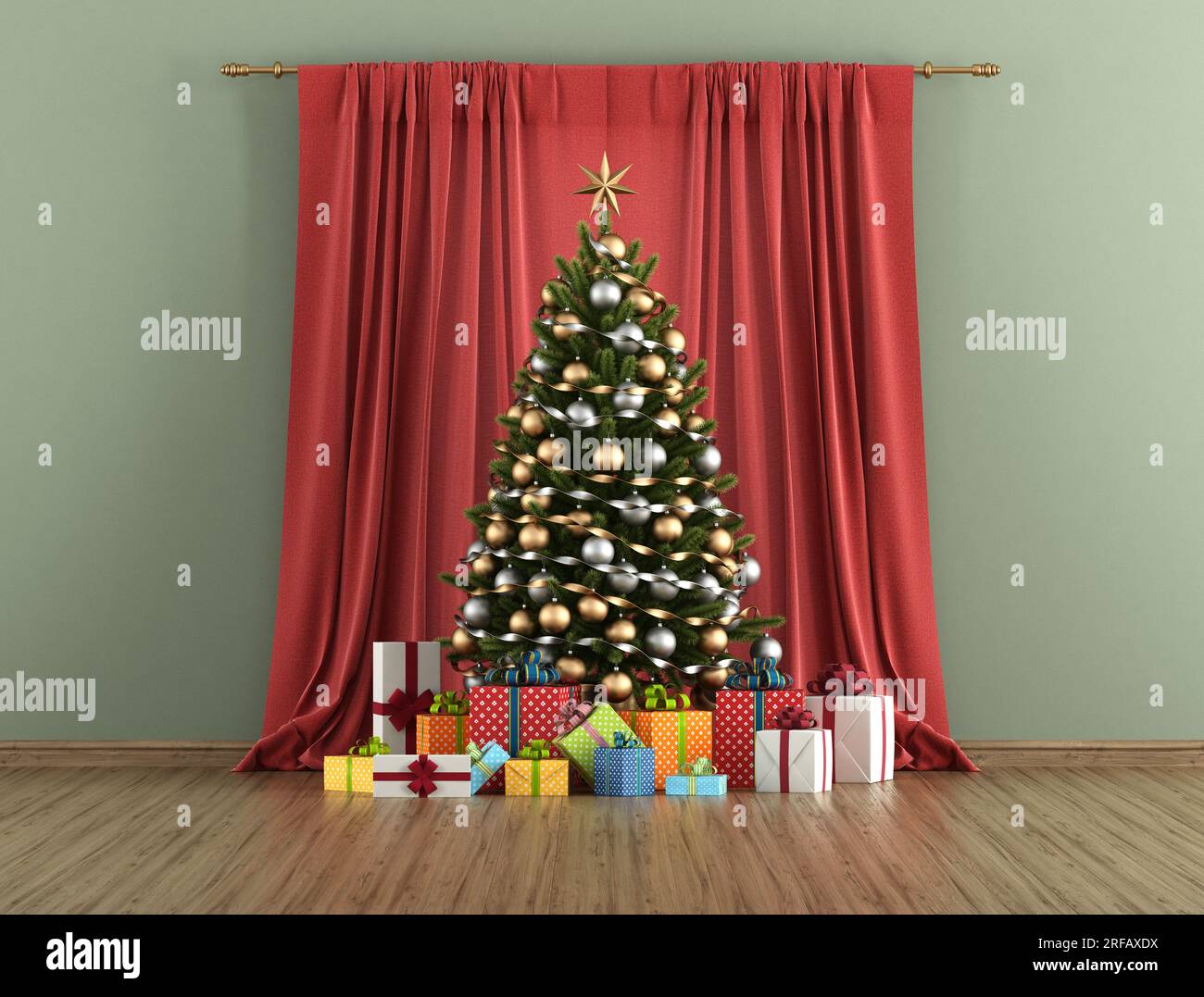 Árbol de Navidad con caja gif delante de una cortina roja en una habitación verde - representación 3D Foto de stock