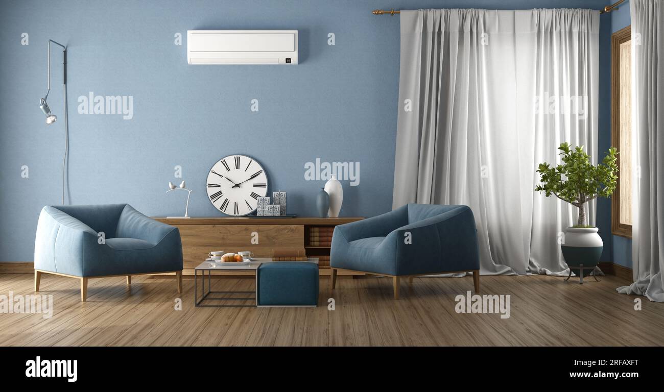 Sala de estar azul con sillones, aparador y aire acondicionado - representación 3D Foto de stock