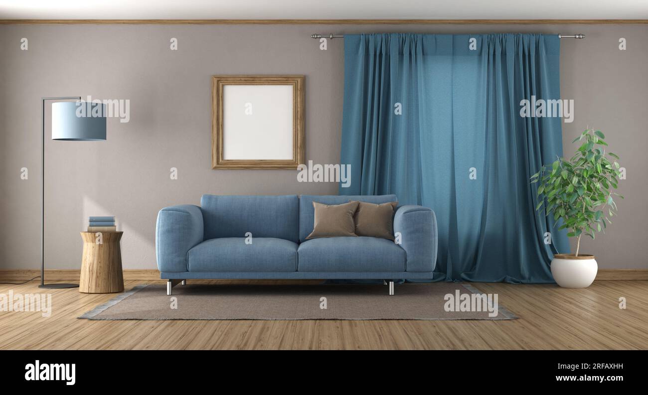 Moderna sala de estar con sofá azul en frente de una cortina - representación 3D Foto de stock