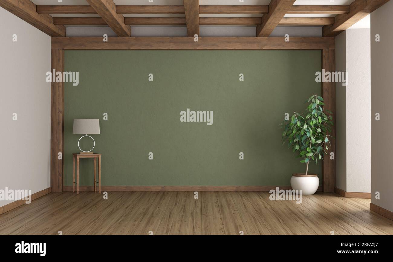 Habitación verde vacía con lámpara de mesa, planta interior y techo de madera - representación 3D Foto de stock