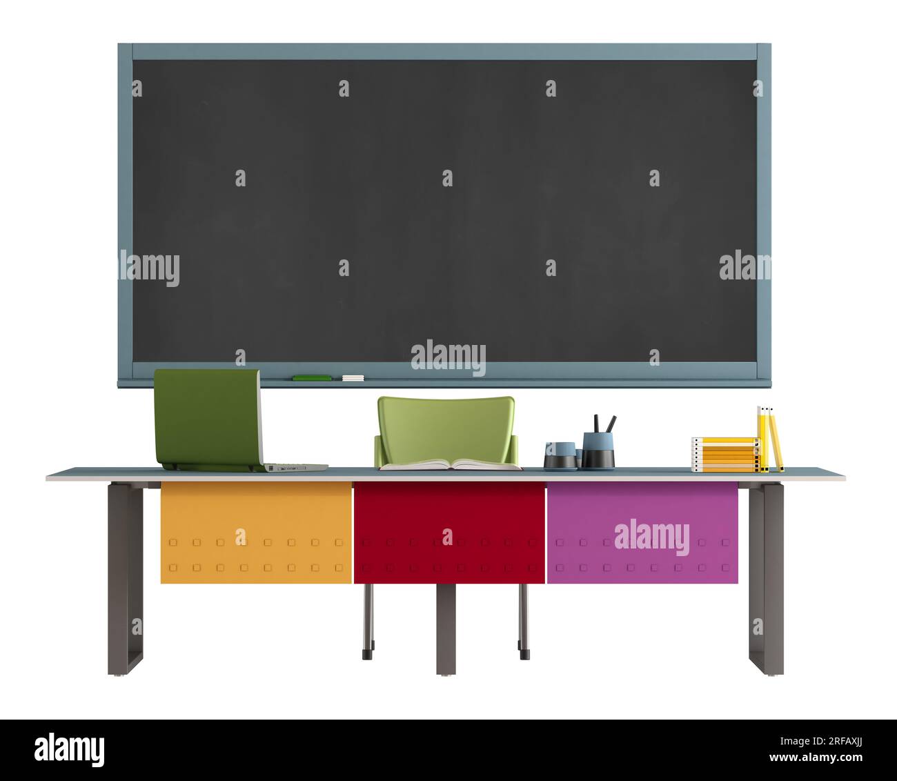 Colorido escritorio del profesor con el ordenador portátil y la pizarra aislados en blanco - representación 3D Foto de stock