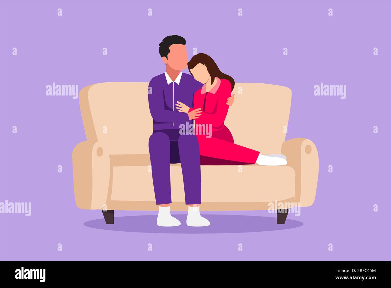 Dibujo de estilo plano de dibujos animados pareja romántica feliz abrazándose entre sí. Hombre y mujer se relajaron en el sofá en casa. Macho abraza hembra en la acogedora sala de estar. HAPP Foto de stock