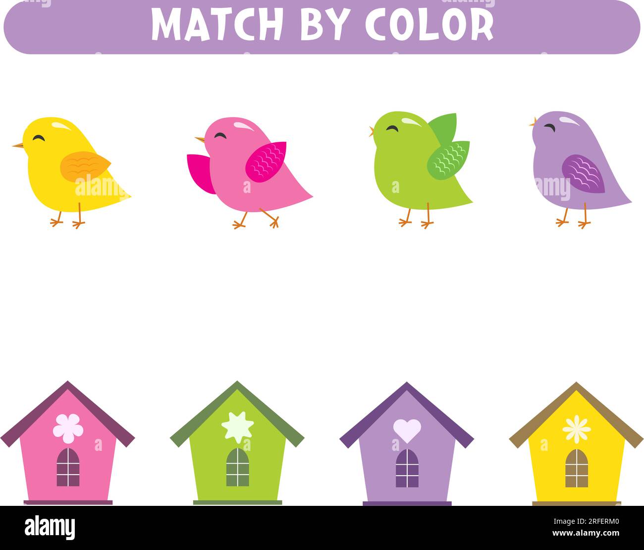 Emparejar aves y pajareras por color. Juego educativo. Hojas de trabajo para niños Ilustración del Vector
