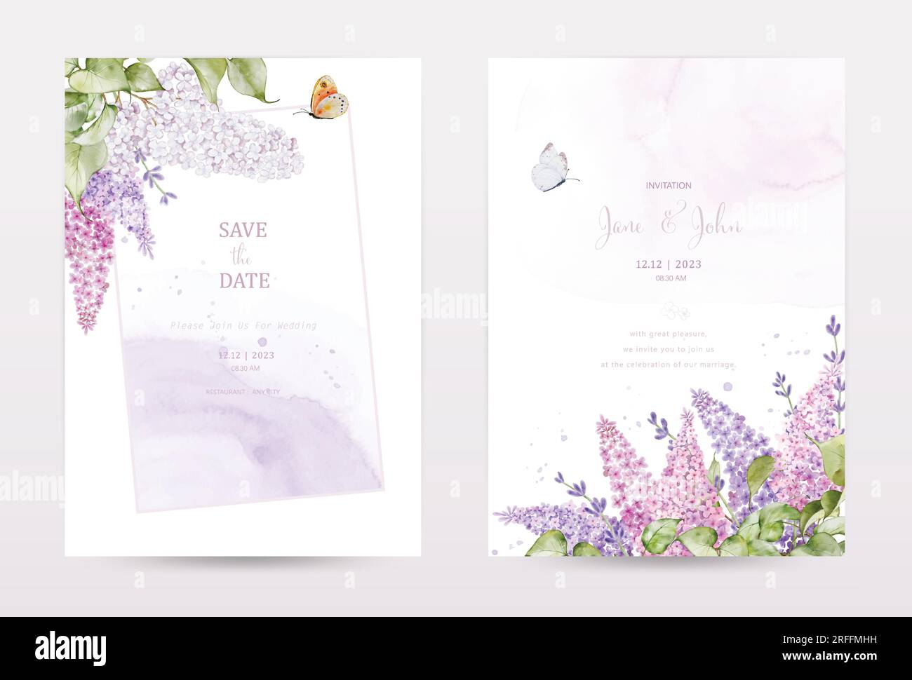 Conjunto de tarjetas de invitación de acuarela con flor lila y mariposa. Colección acuarela botánica en tonos pastel púrpura vector perfecto para una boda Ilustración del Vector