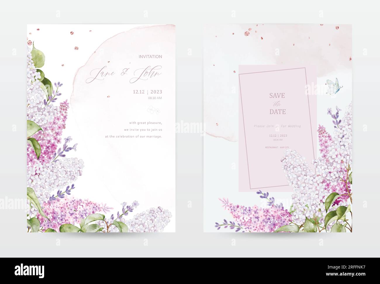 Conjunto de tarjetas de invitación de acuarela con flor lila y mariposa. Colección acuarela botánica en tonos rosa pastel vector perfecto para una boda Ilustración del Vector