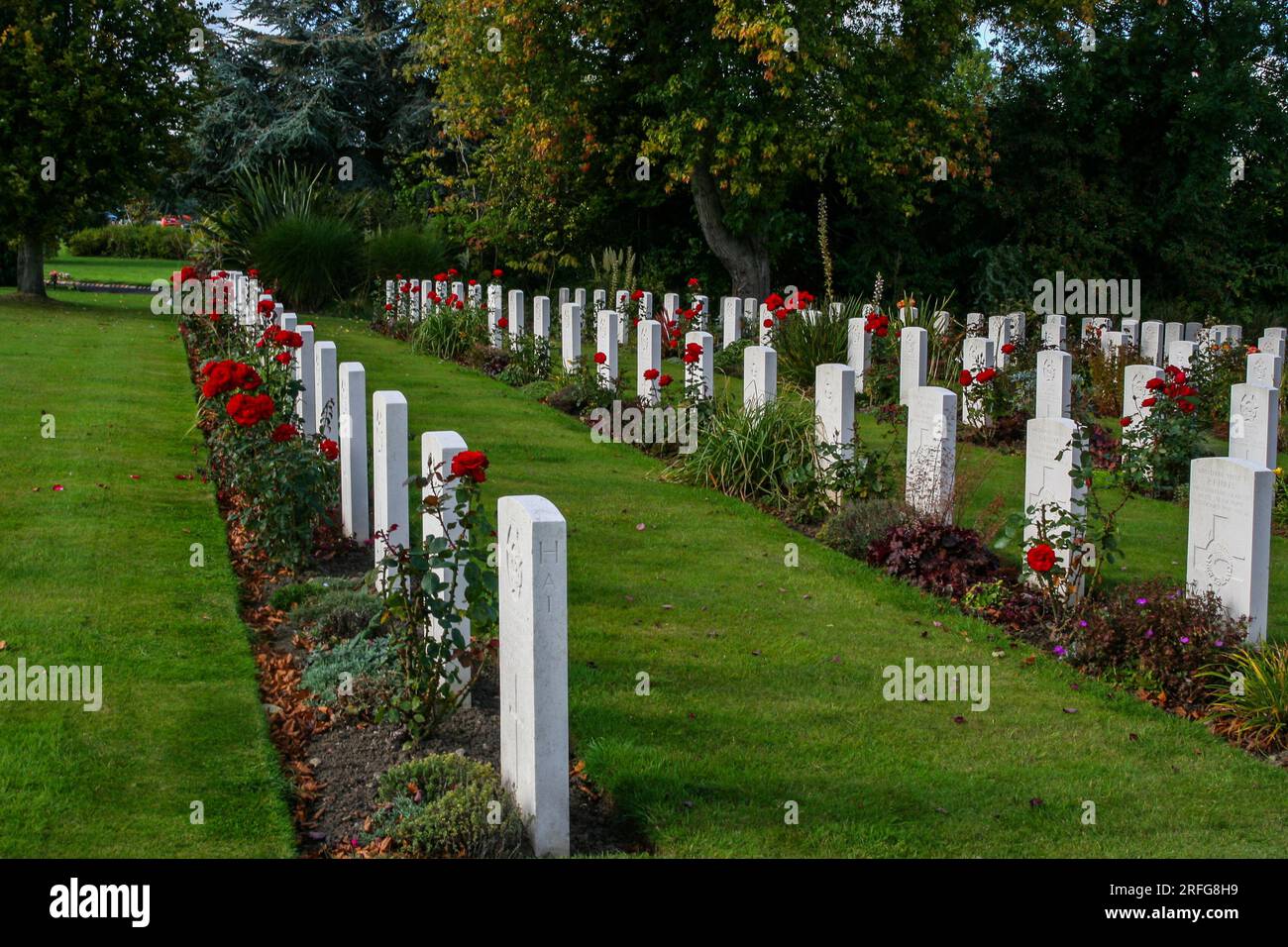 Cuevas de guerra en el cementerio de Harrogate (Stonefall). Este es un sitio de entierro de la Comisión de Graves de Guerra de la Commonwealth. Las lápidas están hechas de portland blanco. Foto de stock