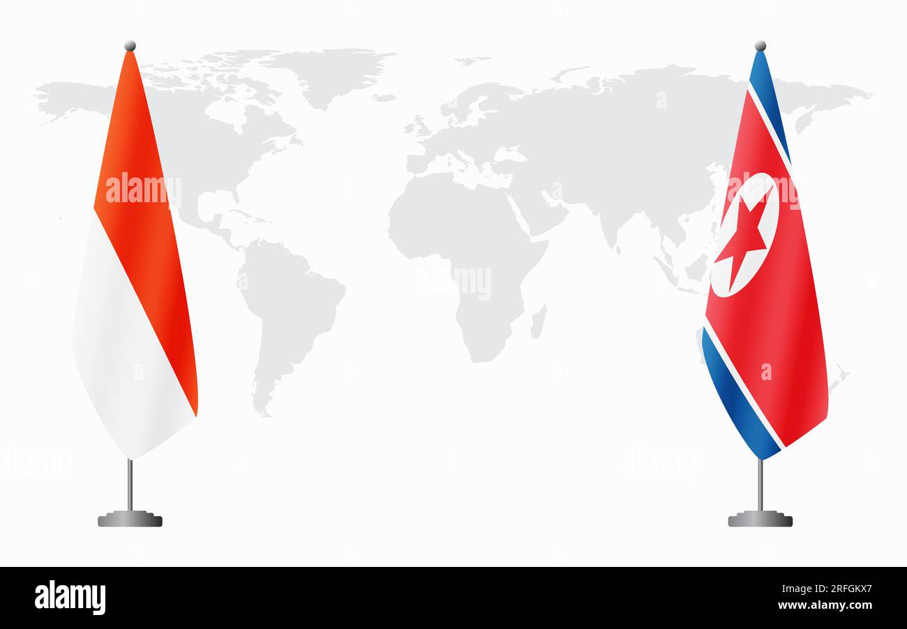 Banderas de Indonesia y Corea del Norte para la reunión oficial en el contexto del mapa del mundo. Ilustración del Vector