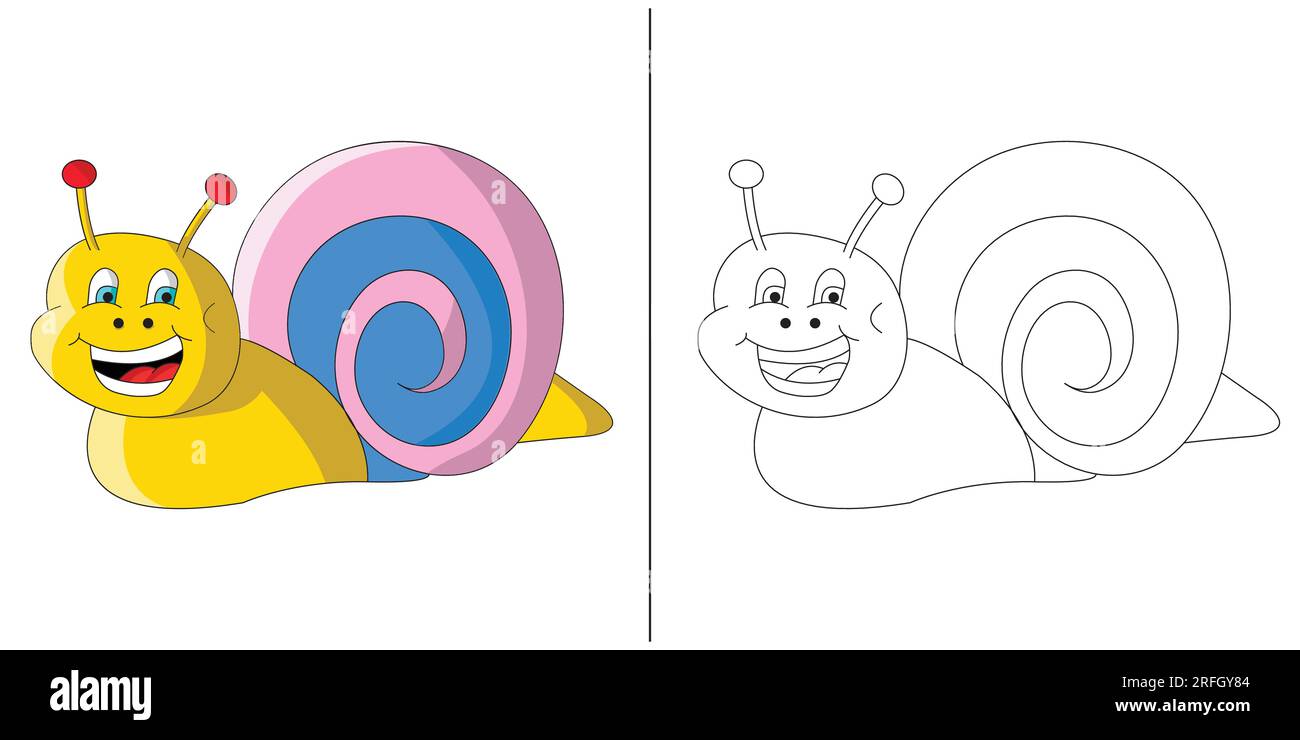 Divertido y lindo estilo de dibujos animados para colorear de un caracol. Horas de diversión para un niño pequeño o niños pequeños. Fácil de colorear. Página para colorear simple para niños Ilustración del Vector