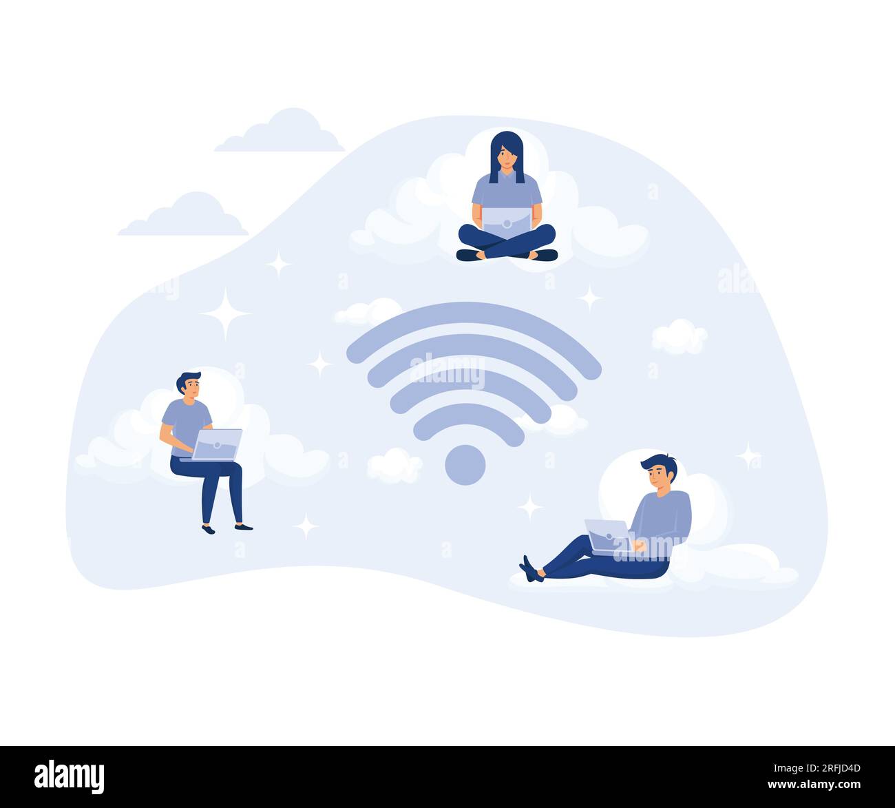 Conexión inalámbrica, hombre y mujer trabajando, redes sociales y chat usando almacenamiento en la nube, ilustración moderna de vector plano Ilustración del Vector