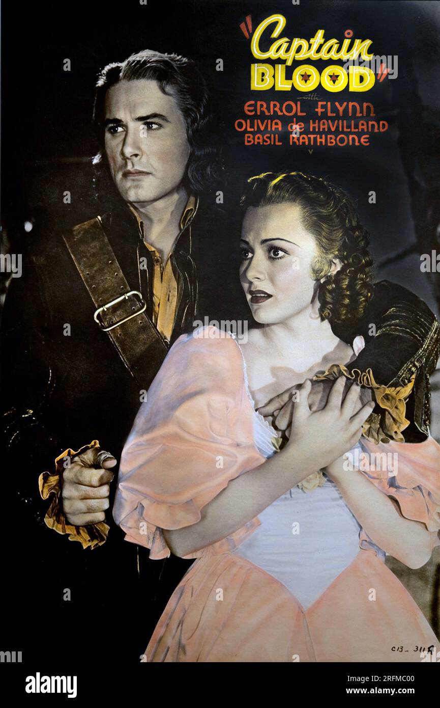 Captain Blood es una película estadounidense de 1935 protagonizada por Errol Flynn, Olivia de Havilland y Basil Rathbone. Foto de stock