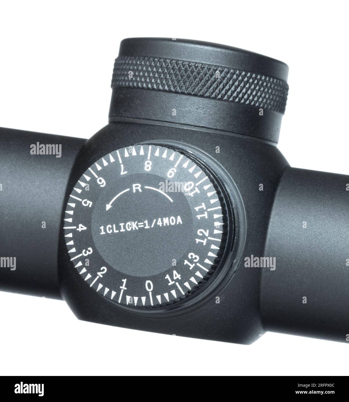 Dial para cambiar la configuración de la cruceta en una óptica de rifle de lupa Foto de stock
