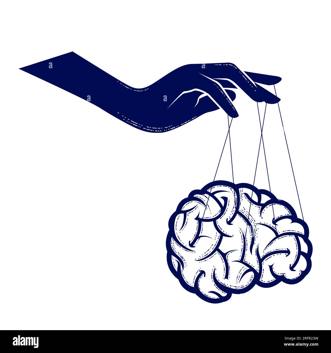 Manipulación de la conciencia pública, la mano manipula la mente humana por cuerdas, el control cerebral por los medios de comunicación, el pensamiento influenciado, vector Ilustración del Vector