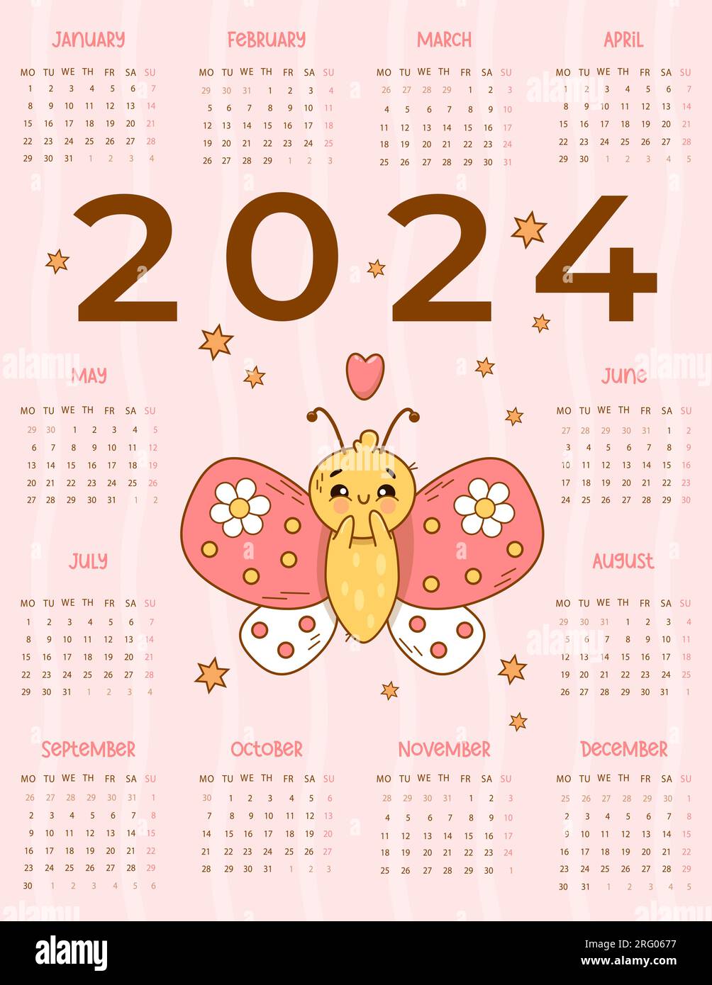 Calendario 2024 Linda mariposa enamorada sobre fondo rosa. Vector plantilla  vertical 12 meses en Inglés. La semana comienza el lunes. colección para  niños Imagen Vector de stock - Alamy