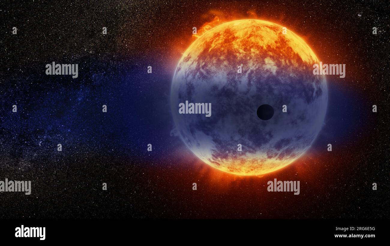 Ilustración artística de una nube gigante de gas hidrógeno que fluye desde el exoplaneta GJ Foto de stock