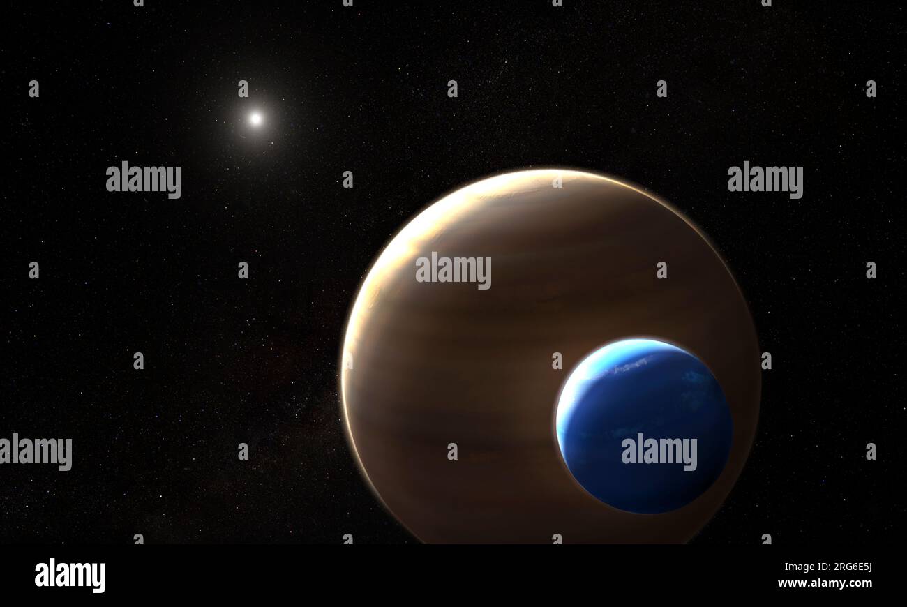 Concepto artístico del planeta gigante gaseoso Kepler-1625b y de una presunta luna acompañante. Foto de stock