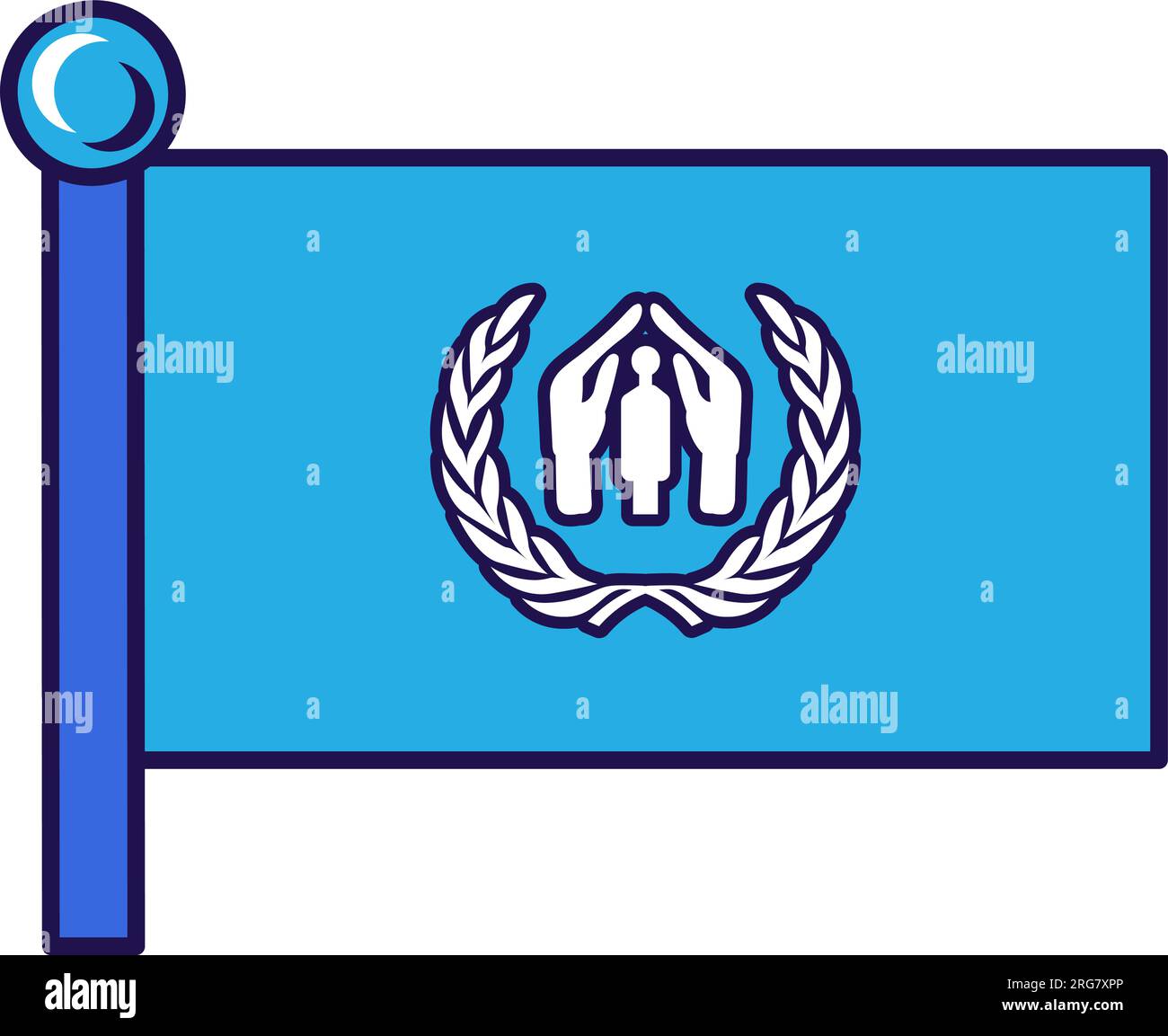 La bandera del ACNUR en el poste de bandera para el registro de evento solemne, reunión de invitados extranjeros. El Alto Comisionado de las Naciones Unidas para los Refugiados. Vector simple es Ilustración del Vector