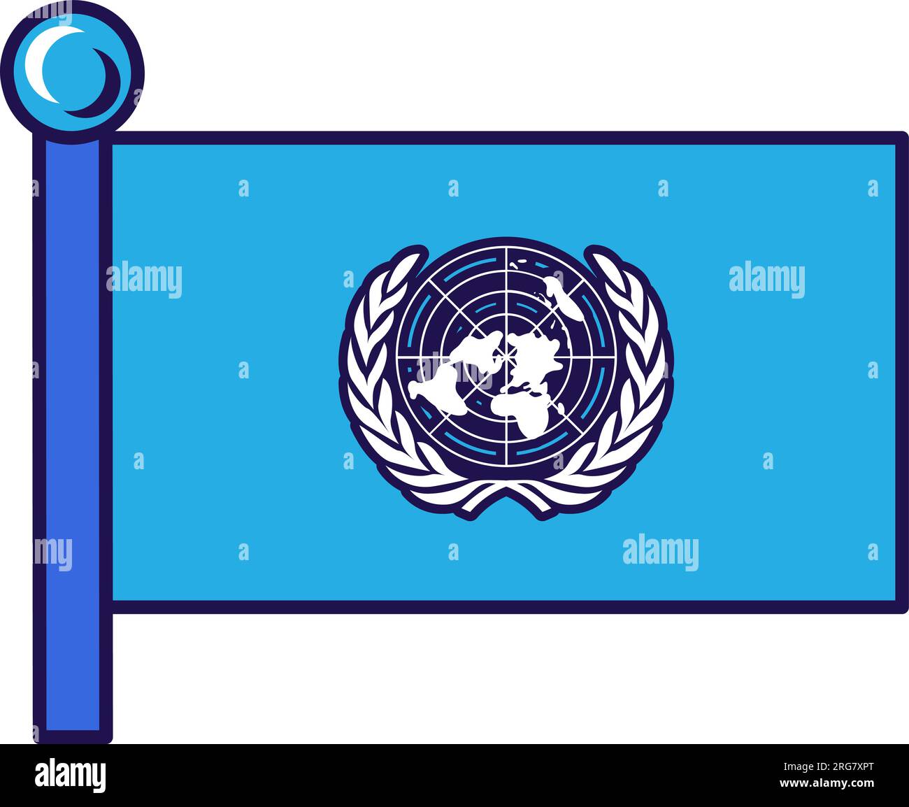 Bandera de las Naciones Unidas en el poste de bandera para el registro de evento solemne, reunión de invitados extranjeros. Unión de las Naciones Unidas. Vector simple aislado en backgr blanco Ilustración del Vector