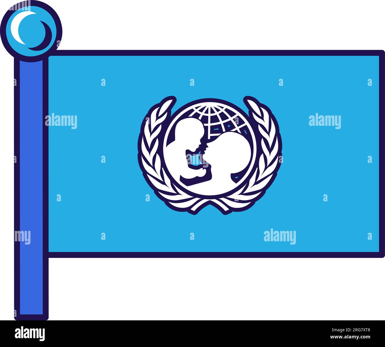 Bandera de UNICEF en el poste de bandera para el registro de un evento solemne, reuniendo invitados extranjeros. Unión del Fondo de las Naciones Unidas para la Infancia. Vector simple aislado en blanco Ilustración del Vector