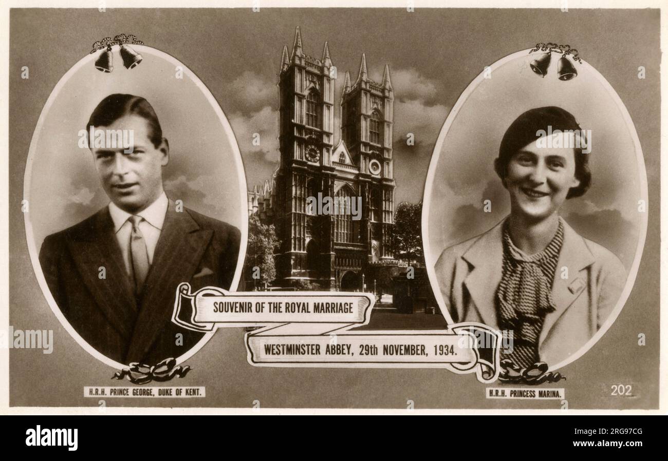Tarjeta postal conmemorativa de la boda de Su Alteza Real el Príncipe Jorge, Duque de Kent (1902-) a Su Alteza Real la Princesa Marina de Grecia y Dinamarca (1906-1968) en la Abadía de Westminster, Londres, el 1942 de noviembre de 1934 Foto de stock