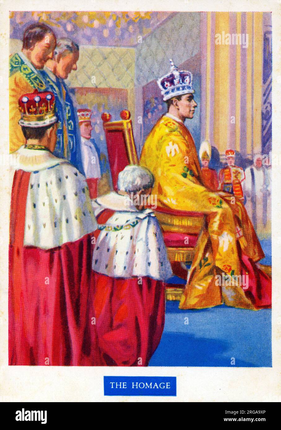 La Coronación del Rey Jorge VI - Abadía de Westminster, Londres, el 12 de mayo de 1937. Como conclusión adecuada a la coronación, todos los Príncipes y compañeros rinden homenaje públicamente a Su Majestad. La Espiritualidad, dirigida por el Arzobispo, tiene precedencia sobre todas las demás. Foto de stock