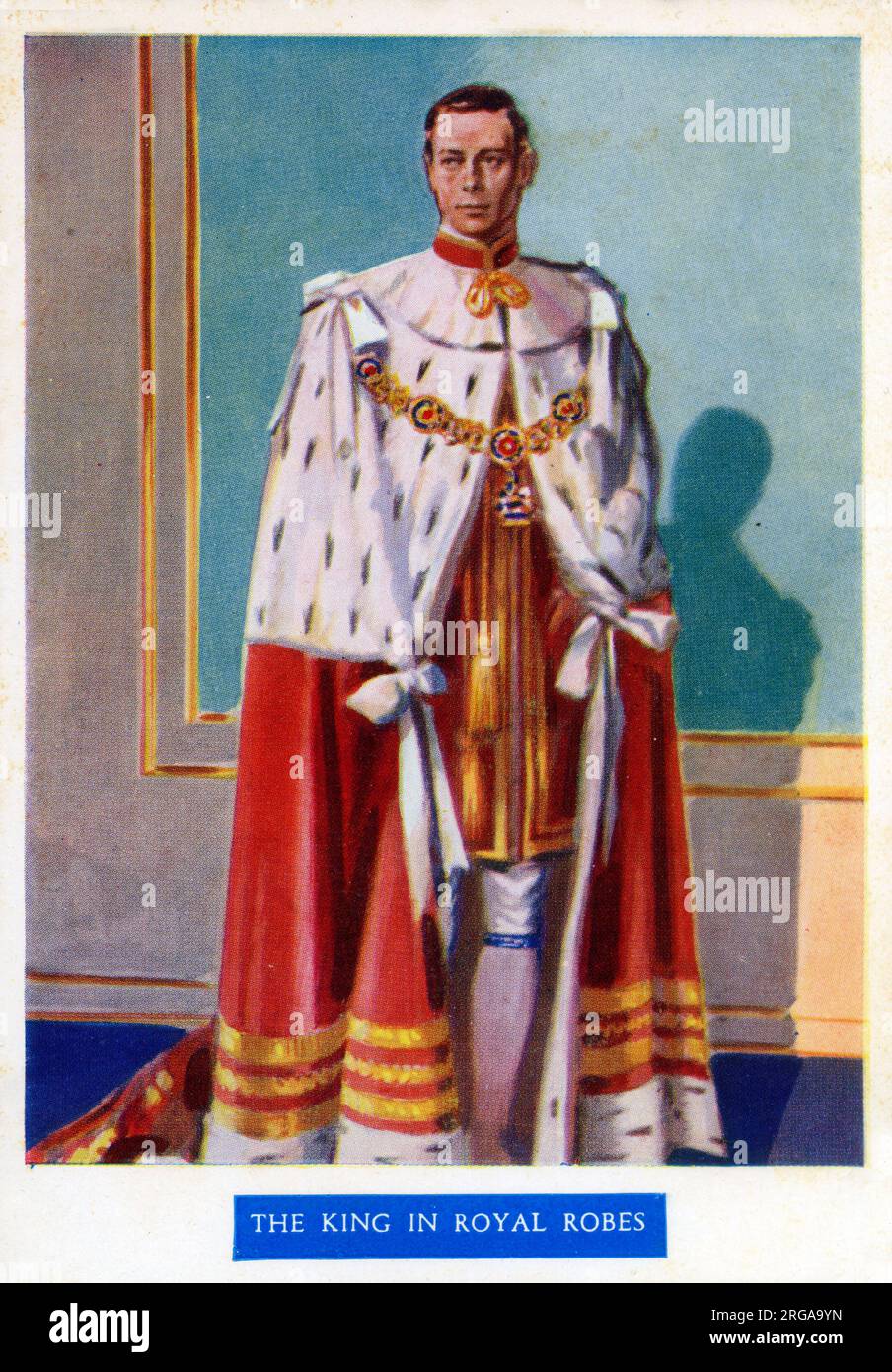 La Coronación del Rey Jorge VI - Abadía de Westminster, Londres, el 12 de mayo de 1937. El Rey se acomodó en las ropas carmesí usadas durante la parte antigua de las ceremonias de coronación. Foto de stock