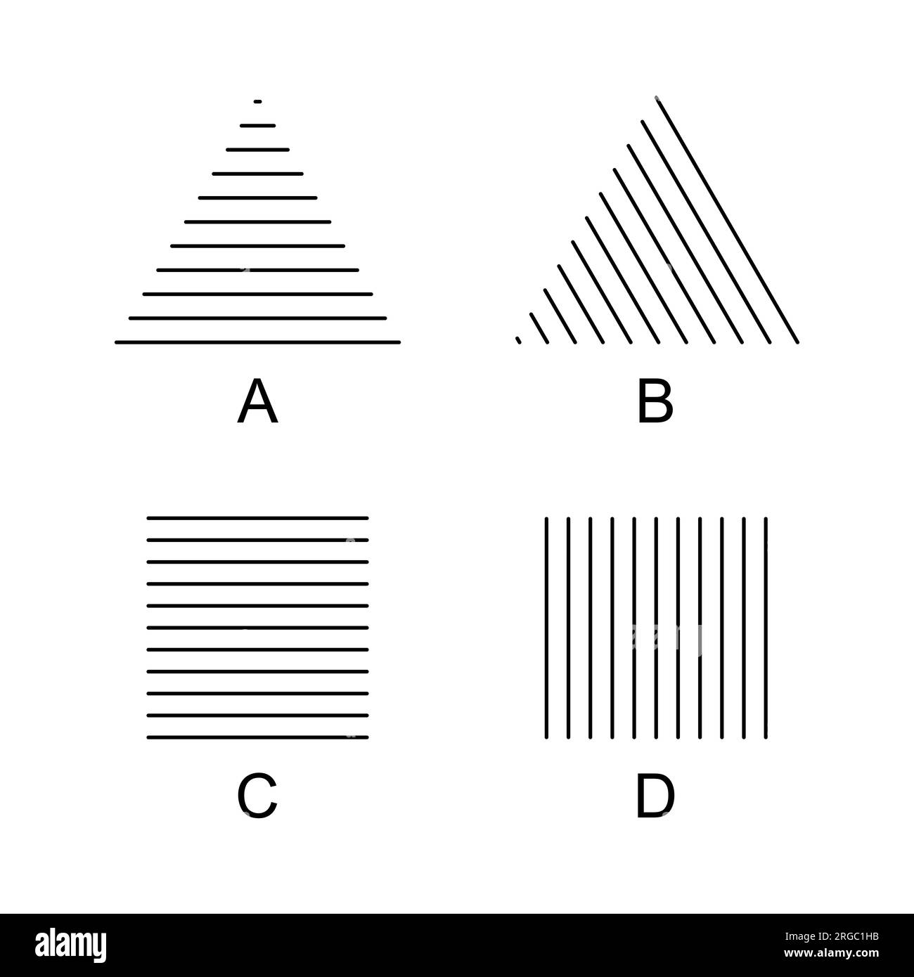 Helmholtz triángulos y cuadrados ilusiones ópticas. Un triangulo aparece más alto (A), parece moverse a la derecha (B), un cuadrado aparece más alto (C) o más ancho (D). Foto de stock