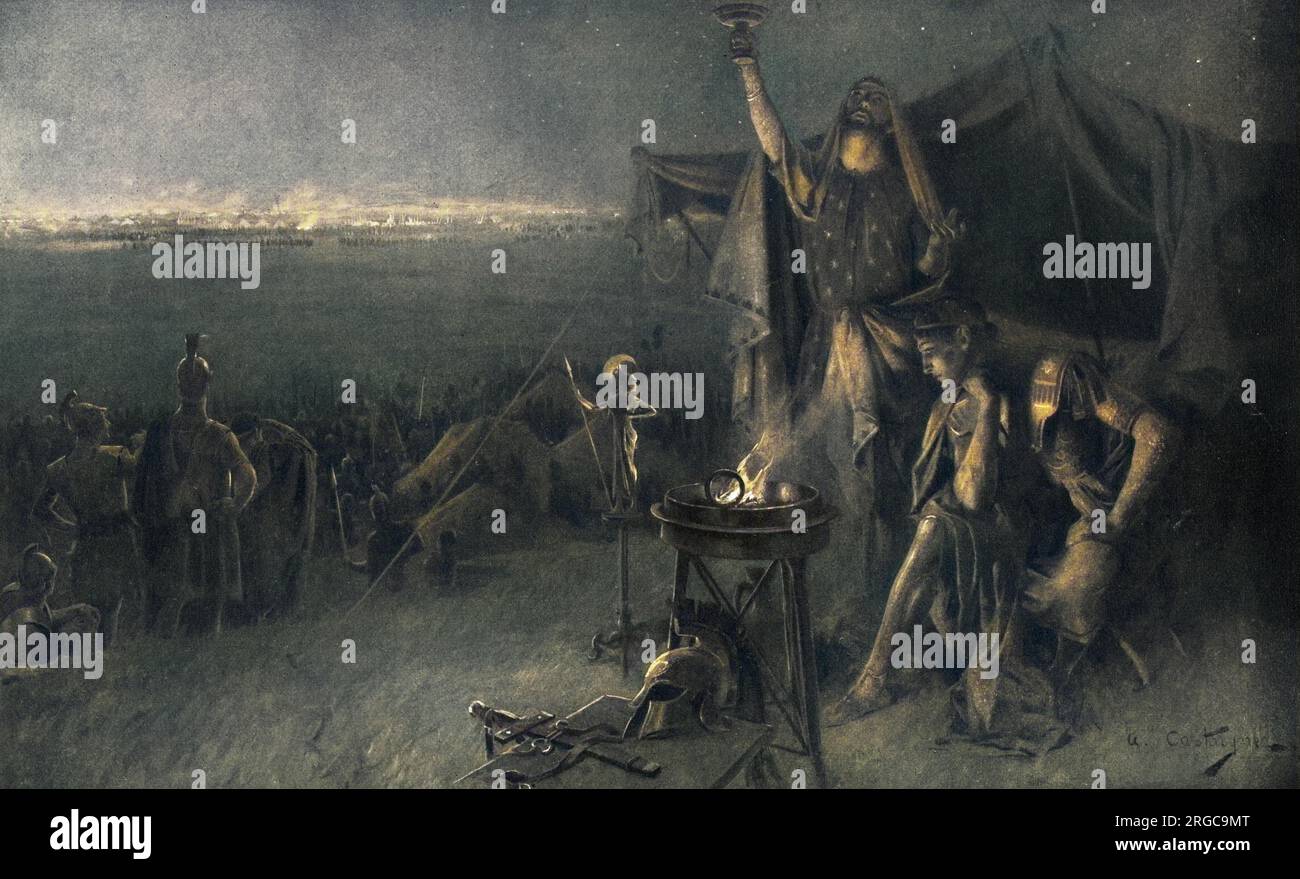 Alejandro Magno en el altar de fuego en la víspera de la batalla de Gaugamela. La escena, descrita por Plutarco después de un eclipse portentoso de la luna, muestra a Alejandro sacrificándose ante su tienda al temor de dios. Foto de stock