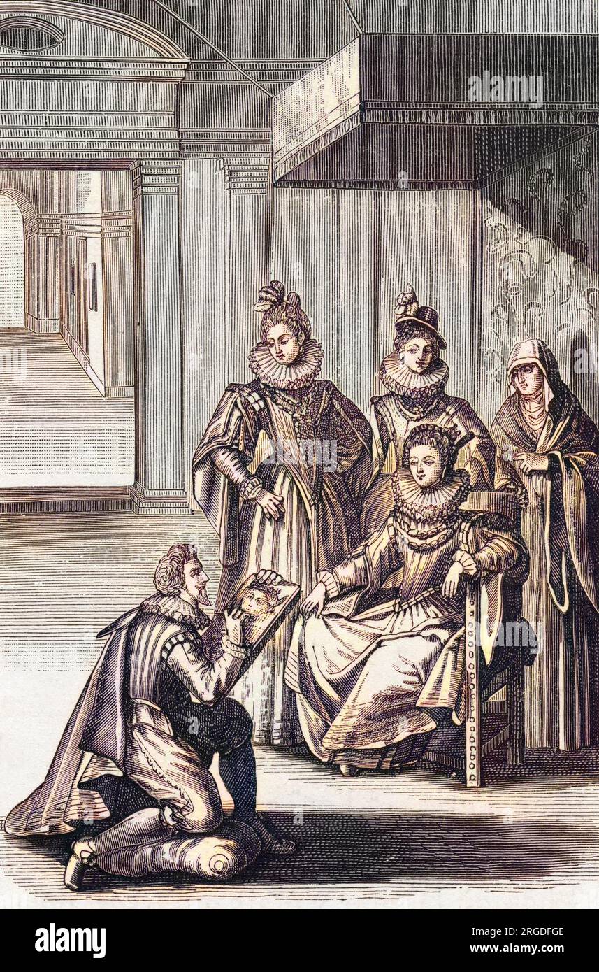 Impresionado por lo que escucha sobre la Infanta de España (Ana de Austria) Luis le ordena su retrato: Se casarán en 1615 y tendrán un hijo, el futuro Luis XIV Foto de stock