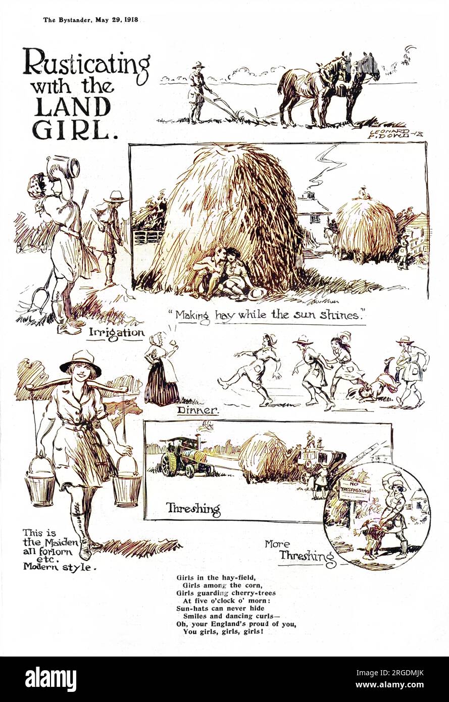 Una página de bocetos que muestran varias actividades del Ejército de Tierra de las Mujeres durante la Primera Guerra Mundial, incluyendo arado, trilla, ordeño, así como correr para cenar y disfrutar de un breve romance de un heno rick. Foto de stock