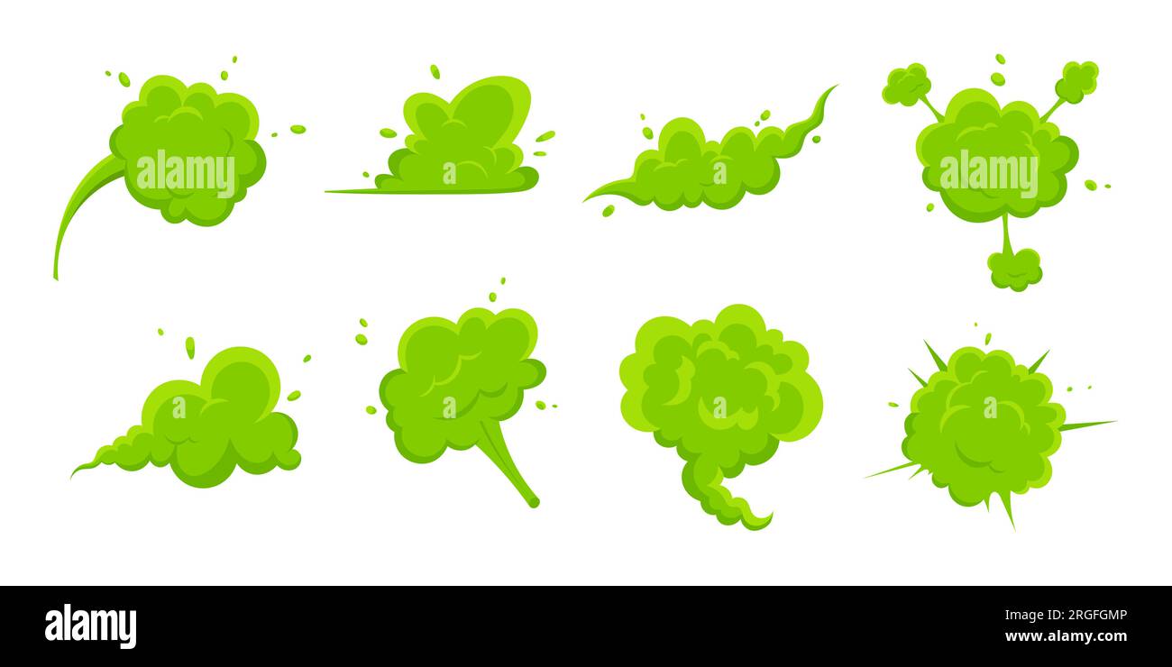 Oler humo verde de dibujos animados o nubes de pedo estilo plano diseño conjunto de ilustración vectorial. Mal olor o aroma tóxico nube de humo de dibujos animados aislado en blanco Ilustración del Vector