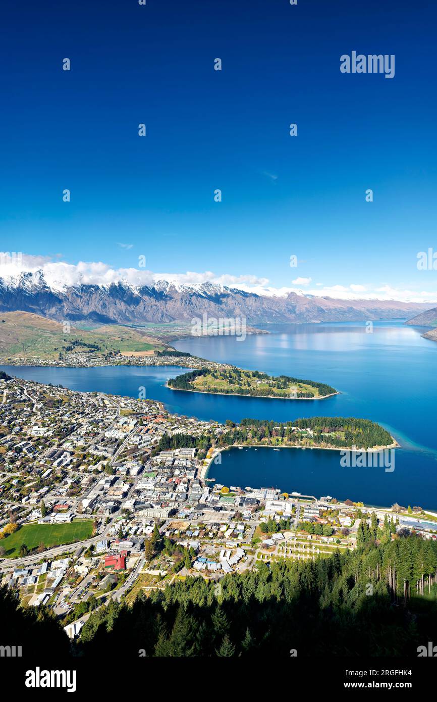 Nueva Zelanda. Vista aérea del lago Wakatipu. Queenstown. Otago. Isla Sur Foto de stock