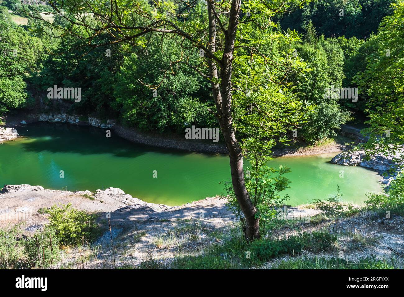 Lago de montaña turquesa, verde, azul (Blauer See) con agua clara del lago de montaña. Montañas de Harz, Parque Nacional de Harz. El color del agua varía de Foto de stock